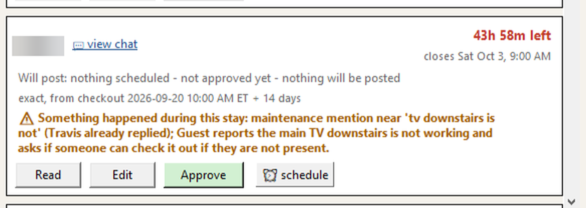 Front Desk review card with a countdown and Read, Edit, Approve and schedule buttons