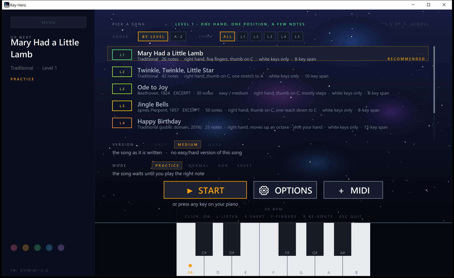 Key Hero MIDI import screen